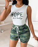 Nope Not Today Camouflage Print Casual Tank Top & Shorts Set