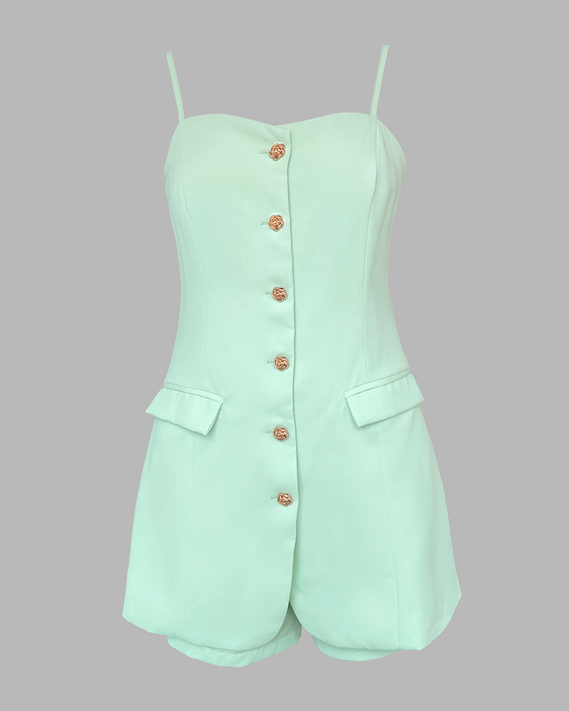 Bandeau Spaghetti Strap Golden Button Back Shirred Top with Casual Shorts Set