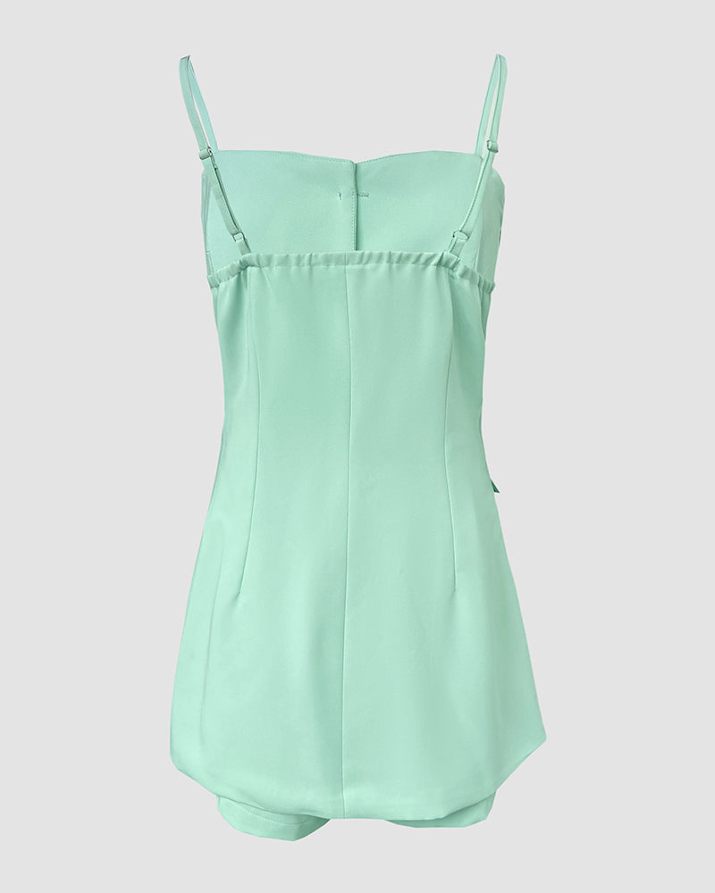 Bandeau Spaghetti Strap Golden Button Back Shirred Top with Casual Shorts Set