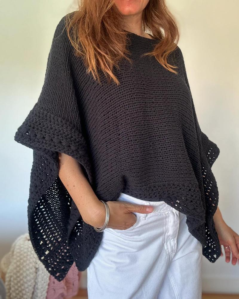 Solid Three Quarters Batwing Sleeve Hollow out Pattern Edges Casual Knit Top