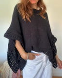 Solid Three Quarters Batwing Sleeve Hollow out Pattern Edges Casual Knit Top
