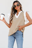 Pale Khaki Contrast V Neck Ruffled Textured Knit Top