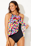 Purple Floral Print O Neck Open Back One Piece Swimsuit