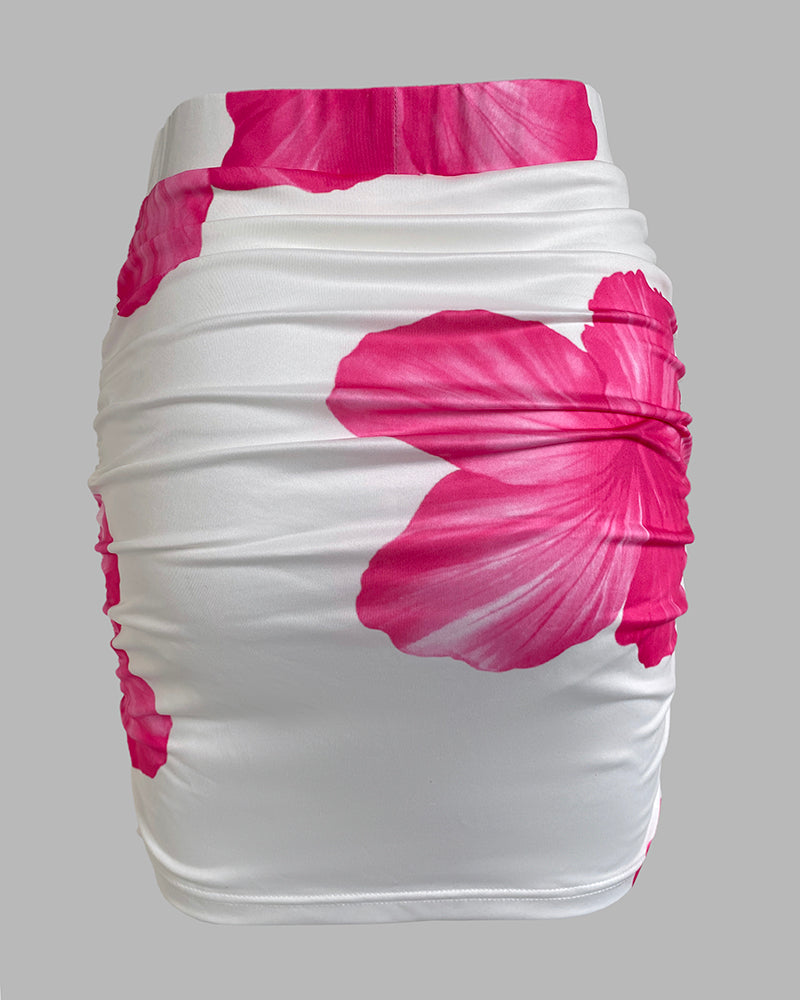 Floral Print Strapless Tied Top /w Ruched Mini Skirt Set Two Piece Outfit