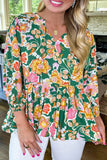 Green Floral Tied V Neck Long Sleeve Plus Size Babydoll Top