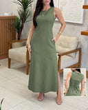 Back Tied Detail Sleeveless Waist Dress Casual Slit Midi Dress