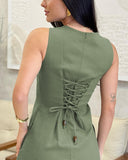 Back Tied Detail Sleeveless Waist Dress Casual Slit Midi Dress