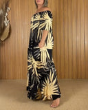 Tropical Print Off the Shoulder Short  Sleeve Waist Tied Detail Dress
