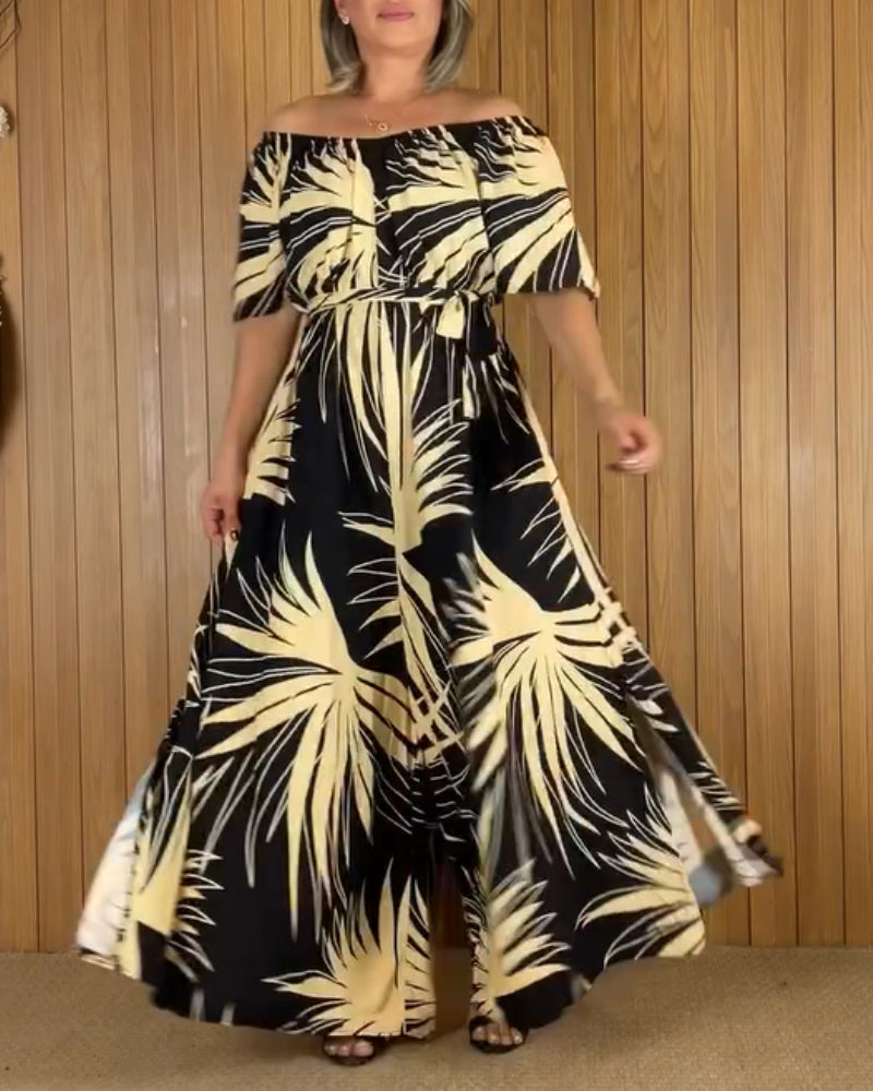 Tropical Print Off the Shoulder Short  Sleeve Waist Tied Detail Dress