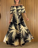 Tropical Print Off the Shoulder Short  Sleeve Waist Tied Detail Dress