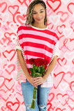 Pink Stripe Patchwork Round Neck Side Split Loose T Shirt