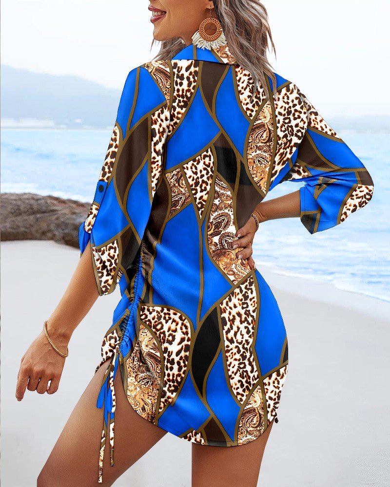 Leopard Colorblock V Neck Roll Up Sleeve Hollow out Drawstring Mini Dress Cover ups