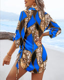Leopard Colorblock V Neck Roll Up Sleeve Hollow out Drawstring Mini Dress Cover ups