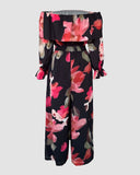 2 Pieces Outfit Floral Print Off Shoulder Bell Sleeve Ruffles Top and Casual Elastic Back Waist Wide Leg Pants Set