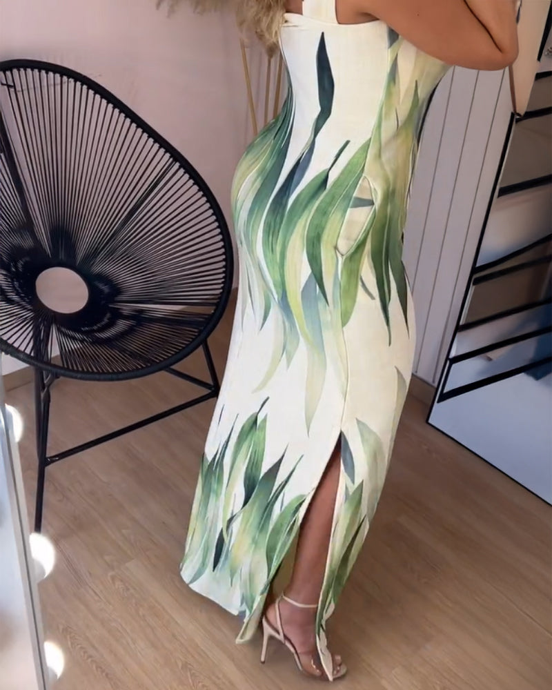 Plants Print Thick Strap Dress Casual Slim Fit Slit Maxi Dress with Pockets