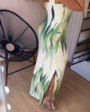 Plants Print Thick Strap Dress Casual Slim Fit Slit Maxi Dress with Pockets