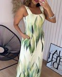 Plants Print Thick Strap Dress Casual Slim Fit Slit Maxi Dress with Pockets