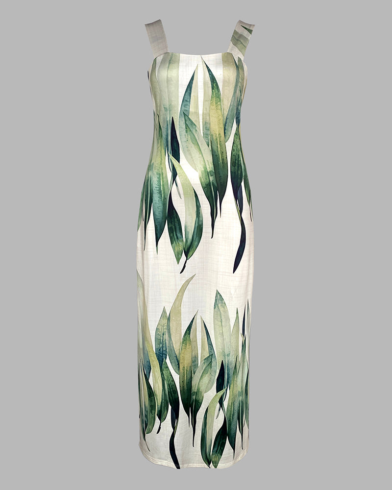 Plants Print Thick Strap Dress Casual Slim Fit Slit Maxi Dress with Pockets