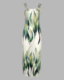 Plants Print Thick Strap Dress Casual Slim Fit Slit Maxi Dress with Pockets