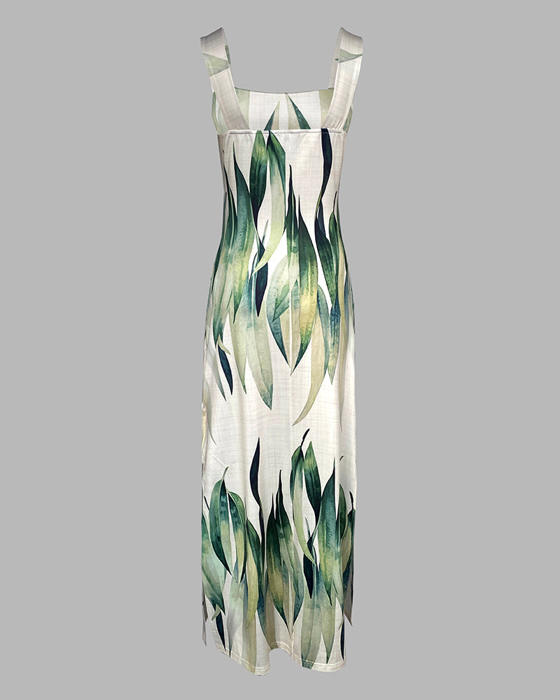 Plants Print Thick Strap Dress Casual Slim Fit Slit Maxi Dress with Pockets