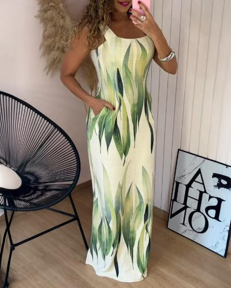Plants Print Thick Strap Dress Casual Slim Fit Slit Maxi Dress with Pockets