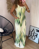 Plants Print Thick Strap Dress Casual Slim Fit Slit Maxi Dress with Pockets