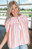 Pink Stripe Plus Size Tassel Tie Frilled Detail Short Sleeve Blouse