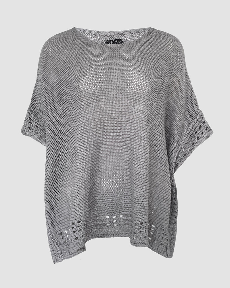 Solid Three Quarters Batwing Sleeve Hollow out Pattern Edges Casual Knit Top
