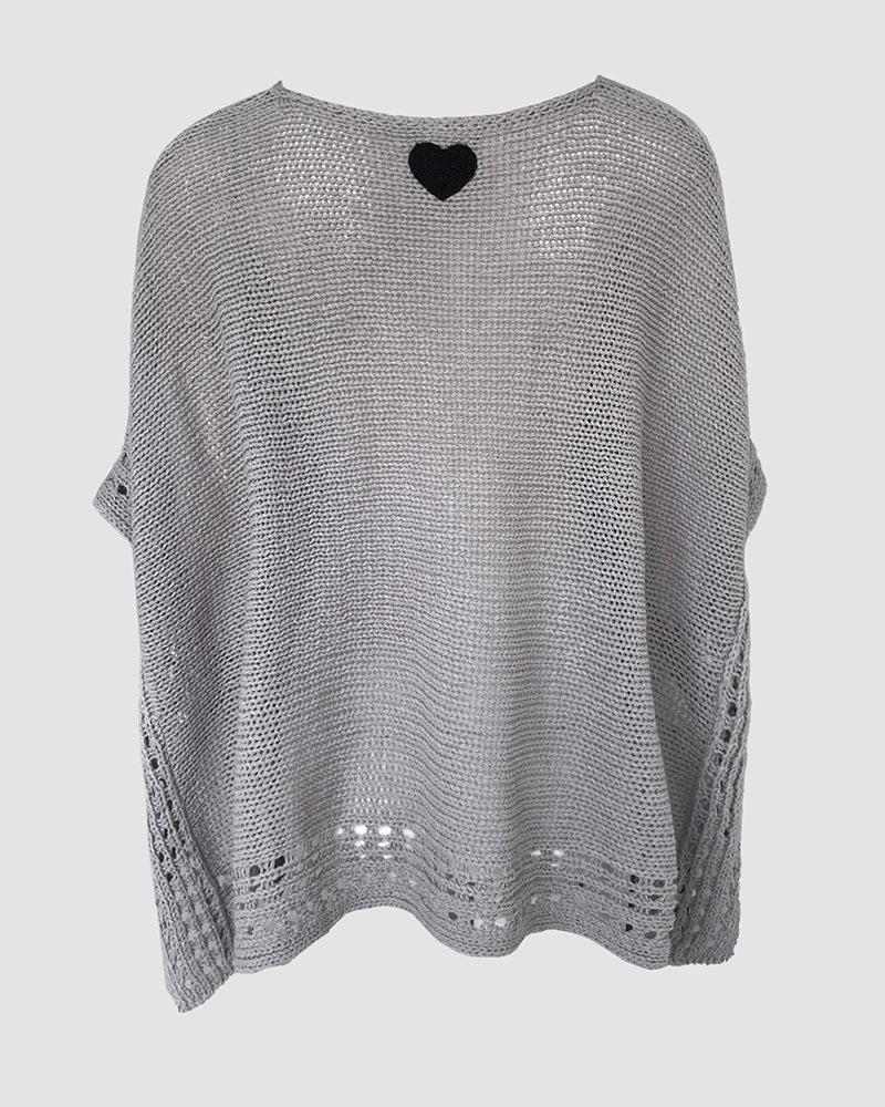 Solid Three Quarters Batwing Sleeve Hollow out Pattern Edges Casual Knit Top