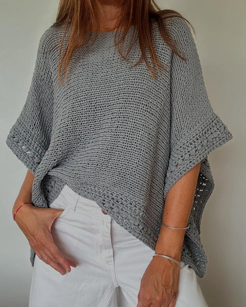 Solid Three Quarters Batwing Sleeve Hollow out Pattern Edges Casual Knit Top