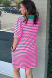 Rose Stripe Collared V Neck Puff Sleeve Shift T Shirt Dress with Pockets