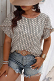Khaki Plus Size Geometric Print Ruffled Sleeve Blouse