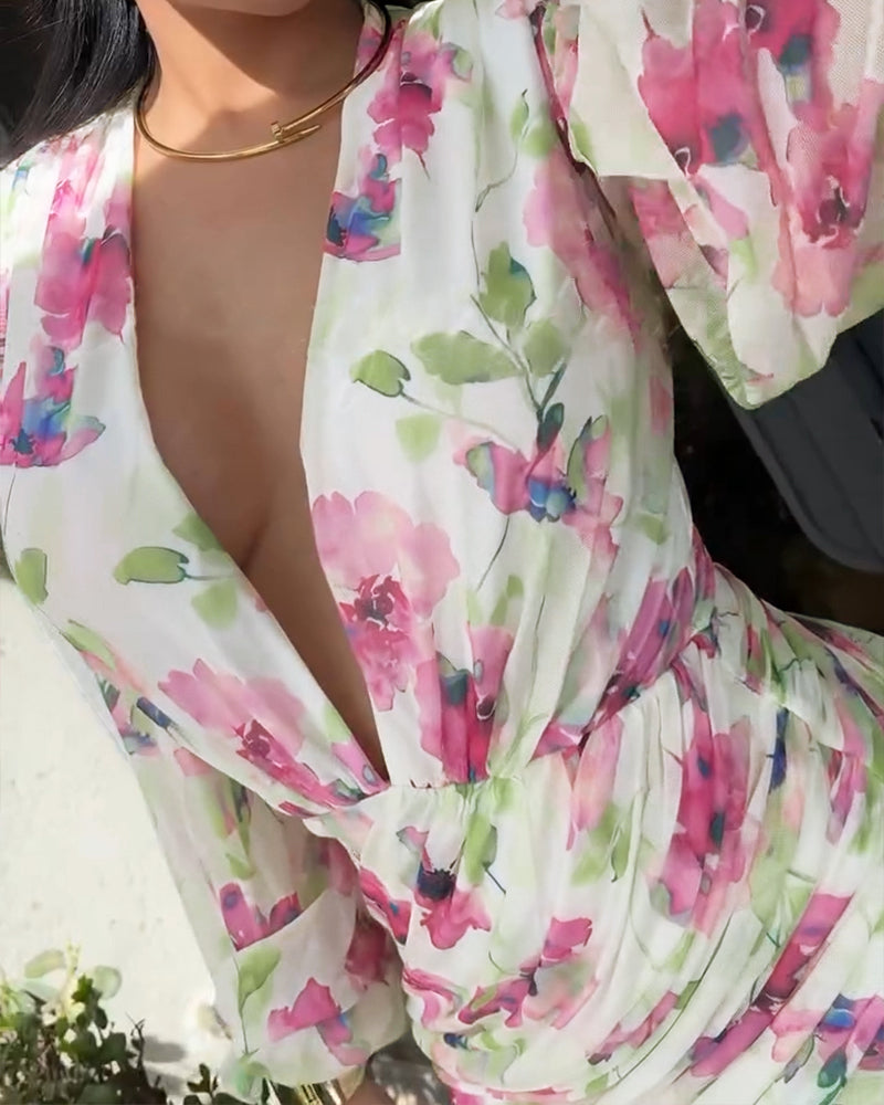 Floral Print Plunge V Neck Lantern Sleeve Bodycon Dress Casual Slim Fit Ruched Mini Dress
