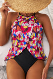 Purple Floral Print O Neck Open Back One Piece Swimsuit
