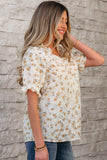White Floral Eyelet Embroidered Puff Sleeve Notch V Neck Blouse