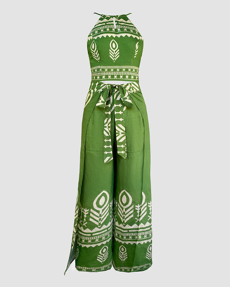 2 Pieces Outfits Tribal Print Keyhole Neck Sleeveless Top and Wide Leg Tied Detail Slit Pants Sets