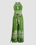 2 Pieces Outfits Tribal Print Keyhole Neck Sleeveless Top and Wide Leg Tied Detail Slit Pants Sets