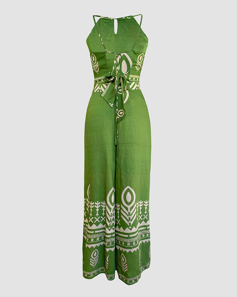 2 Pieces Outfits Tribal Print Keyhole Neck Sleeveless Top and Wide Leg Tied Detail Slit Pants Sets