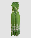 2 Pieces Outfits Tribal Print Keyhole Neck Sleeveless Top and Wide Leg Tied Detail Slit Pants Sets
