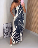 Plants Print One Shoulder Thick Strap Dress Maxi Slit Dress with Pocket