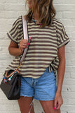 Brown Stripe Textured Side Slits Crew Neck T Shirt