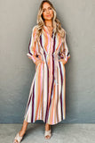 White Multicolor Striped Cuffed Sleeve Tassel Tied Shirt Maxi Dress