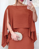 2 Pieces Outfit Asymmetrical Hem Split Sleeve Pullover Top and Casual Midi Skirt Set