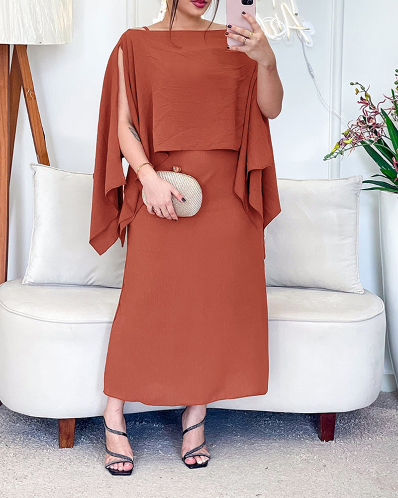 2 Pieces Outfit Asymmetrical Hem Split Sleeve Pullover Top and Casual Midi Skirt Set