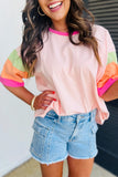 Pink Colorblock Patchwork Long Sleeve Plus Size Top