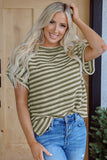 Brown Stripe Textured Side Slits Crew Neck T Shirt