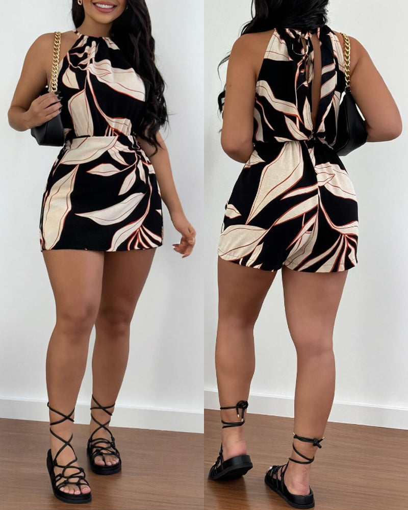 Tropical Print Halter Sleeveless Tied Detail Romper