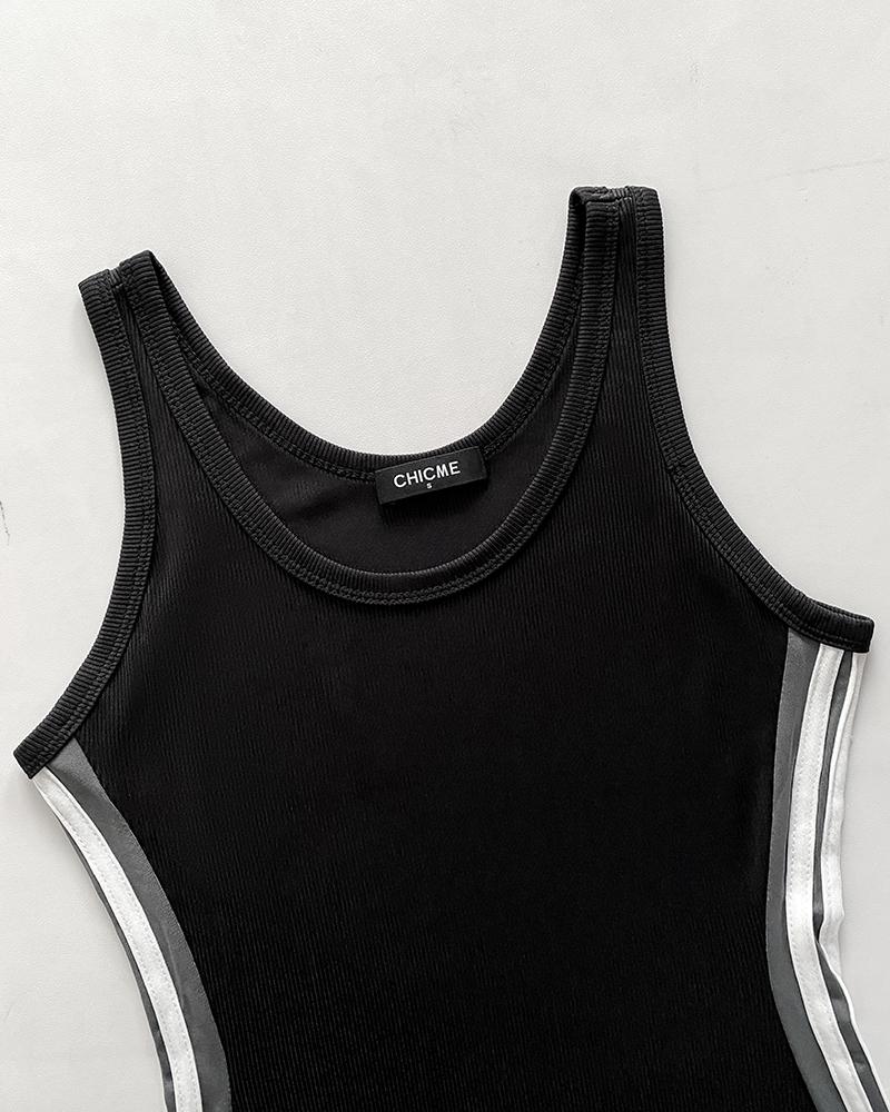 Colorblock Striped Print U Neck Sleeveless Bodycon Dress Casual Slim Fit Midi Dress