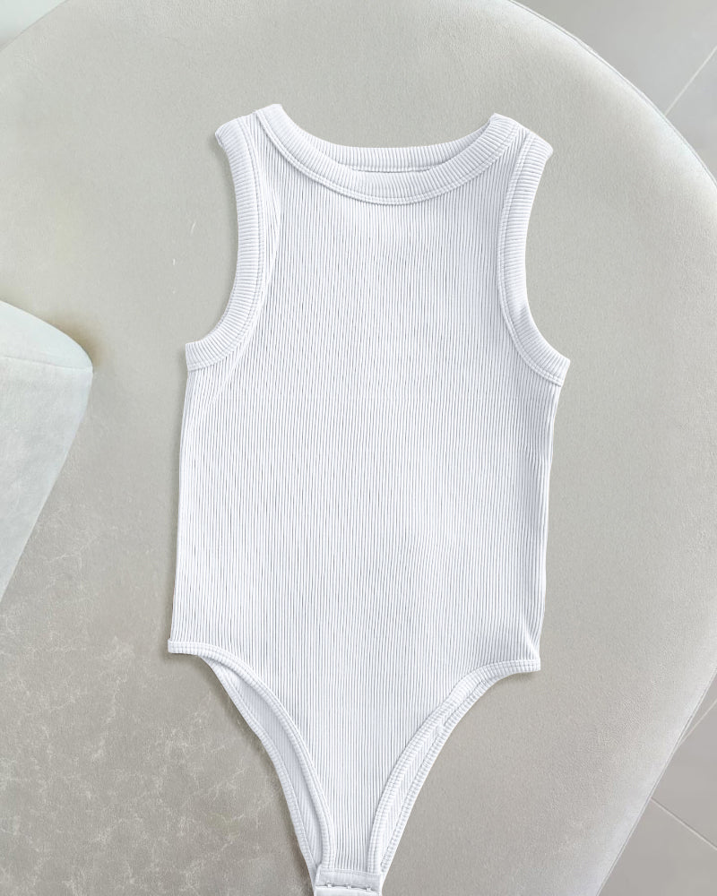 Round Neck Sleeveless Ribbed Bodysuit Casual Slim Fit Tank Top