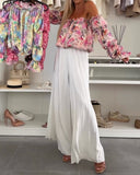 Floral Print Off Shoulder Puff Sleeve Sexy Ruffles Blouse